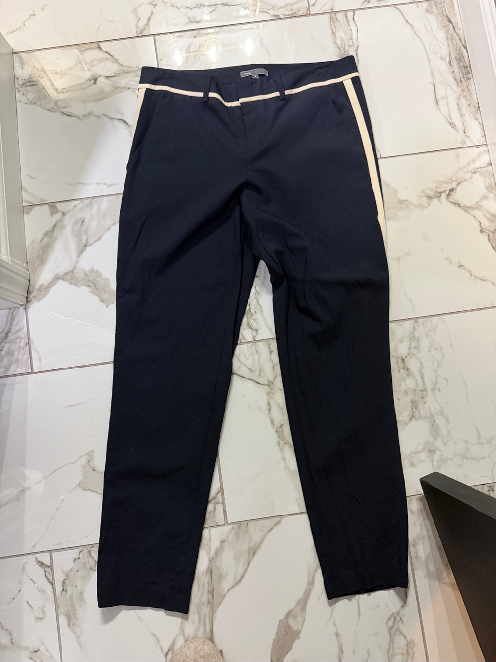 Vince Navy Ankle Pants with Cream Side Stripe
